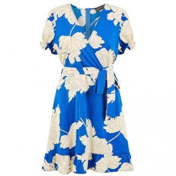 Blue Blossom Print Wrap Dress With Puff Sleeves