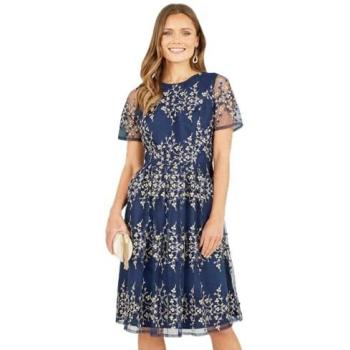 Yumi Navy Embroidered Floral Skater Dress