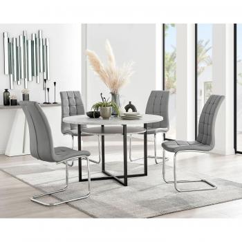 Adley Grey Concrete Effect Round Dining Table & 4 Murano Faux Leather Chairs