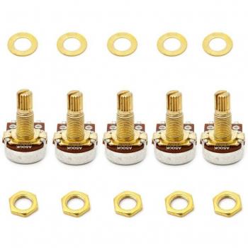 5pcs A500K Golden Shaft Potentiometer for Electric Guitar and Bass, 18mm Tone and Volume Control