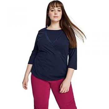 T-shirt Donna Taglie Forti Bellieva in Cotone Biologico Blu con Pizzo e Scollo a V, Taglia 48/50