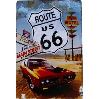 Retro plechová tabule - Route 66 s červeným autem