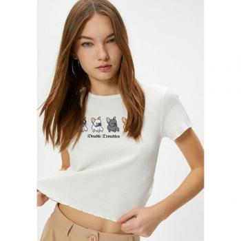 Koton Kurzarm T-Shirt mit Hundedesign, Rundhalsausschnitt für Damen
