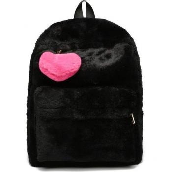 Plush Faux Fur Women's Backpack with Heart Pendant - Soft Winter Rucksack in Pink, Black, White