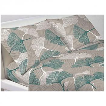 Completo Lenzuola In 100% Cotone Made Italy Moderno Disegno Ginko, misura Francese colore Verde