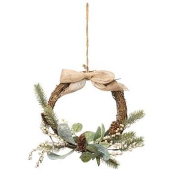 Corona di Natale decorata con bacche beige, rami e fiocco in jute D 36 cm