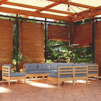 10-Piece Solid Pinewood Outdoor Lounge Set with Grey Cushions