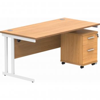Dual‑Upright Rectangle Workstation + 2 Drawer Pedestal, 1600 × 800 mm – Beech/White