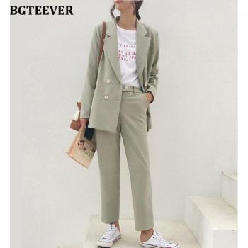 Vintage Light Green Women's Double-Breasted Blazer and Pencil Pant 2-Piece Suit Set