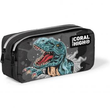Dark Gray Dino Design Two-Zip Pencil Bag