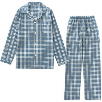Conjunto de pijama de hombre 100% gasa de algodón cuadros manga larga pantalones largos