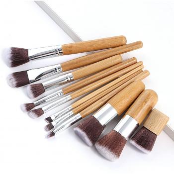 11pcs Bamboo Handle Cosmetic Brush Set with Cotton Bag