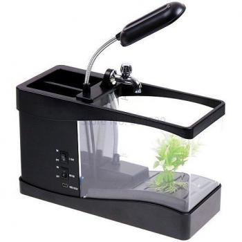 USB Mini Fish Tank with LED Display and Lamp - Black/White