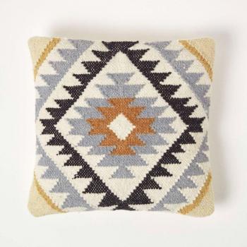 Agra Handwoven Gold and Black Kilim Feather Cushion - Multi Colour (Homescapes)