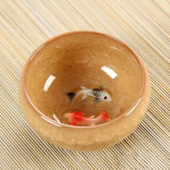 3D Double Fish Crackle Glaze Ceramic Travel Teacup