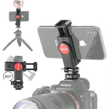 Kalt-Schuh-Halterungsadapter fürs Telefon-Stativ mit Mikrofon und LED-Beleuchtung – kompatibel iPhone, Samsung, Canon, Sony DSLR