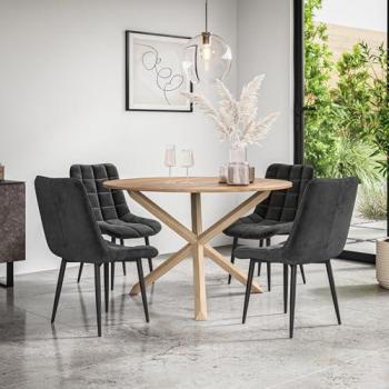 Malvern Oak & Velvet Black Round Dining Set – 4‑Seat Table and Chairs