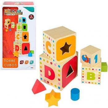 WOOMAX-Torre 4 cubos madera 37 cm y 4 figuras geométricas, (Colorbaby 43625)