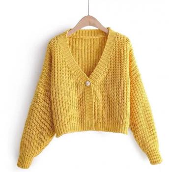 Chaqueta Punto Suelta con Cuello V, Un Botón, Otoño Rosa y Blanco