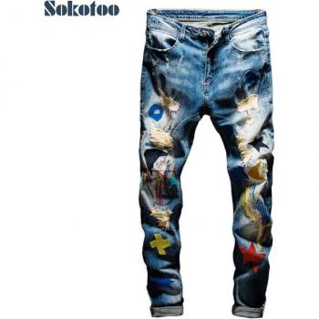 Herren modische Patchwork Ripped Jeans mit Stretch-Denim
