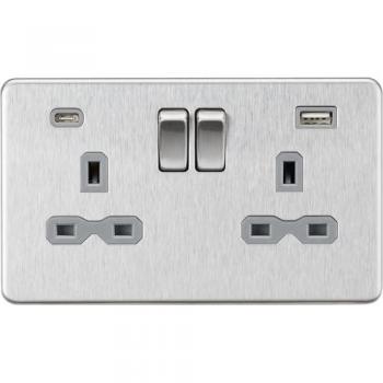 Knightsbridge Brushed Chrome 13A Dual USB A+C Switched Socket with Grey Insert (5V DC 4.0A Shared)