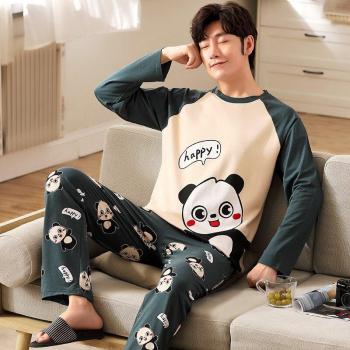 Pijama de hombre de talla grande, algodón suelto, manga larga con estampado de dibujos animados, cálido para otoño