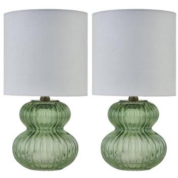 Walter 2‑Pack Green Ribbed Glass Table Lamps – 29cm, White Shade