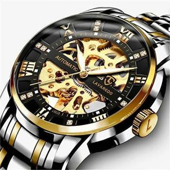 Orologio da polso meccanico automatico in acciaio per uomini con cinturino in cuoio nero