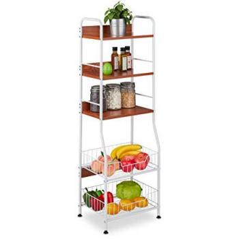 Relaxdays estantería cocina industrial con 5 baldas y 2 cestos, mueble metal, mdf, 121,5x40x30cm, blanco