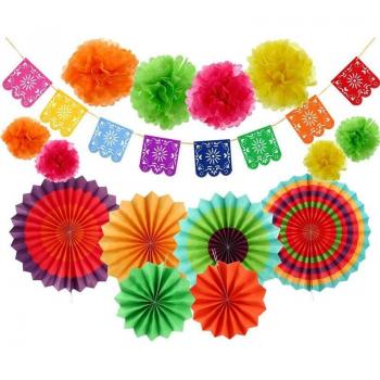 15pcs Colorful Fiesta Table Decoration Set with Runner, Paper Fans, Pompom Balls, and Felt Garland