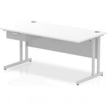 Impulse 1600 × 800mm Cantilever Desk – White/White with Silver Legs and Single Drawer