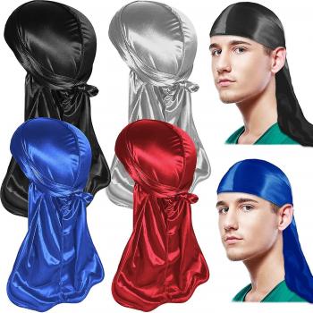 Durag Silky 4 Piezas, Gorro Pirata Chemo para Hombre, Correas Anchas y Cola Larga, Colores Blanco/Rosa/Verde