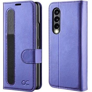 OCASE Samsung Galaxy Z Fold3 5G Flip Cover – Purple Leather, Card & S Pen Holder