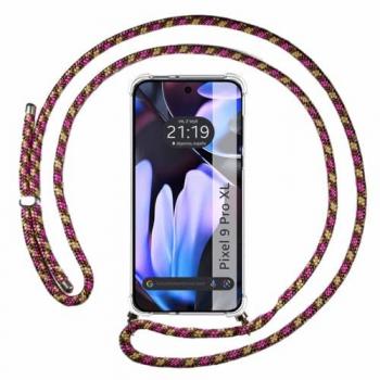 Funda colgante elegante para Google Pixel 9 Pro XL 5G con cordón rosa/dorado