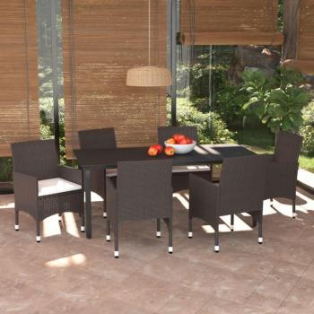Set da Pranzo da Giardino 7 pz con Cuscini Polyrattan Marrone