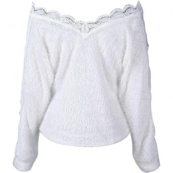 Suéter suelto blanco de otoño para mujer con cuello en V