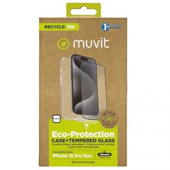 Muvit For Change Funda para Apple iPhone 16 Pro Max + Protector de Pantalla de Vidrio Templado Plano Marco Negro