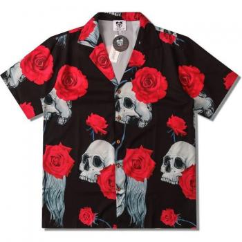 Men's Summer Lapel Shirt with Skull and Red Rose Print