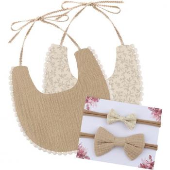 Tablier d'alimentation ajustable pour bébé, serviette en coton avec 2 filles, bandeau à nœud papillon, couvre-chef pour photo, Q81A
