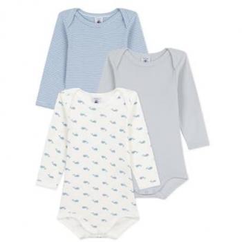 Petit Bateau Baby‑Bodys 3er-Pack Wale Ringel – Natur & Blau – 80 cm