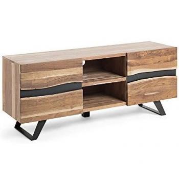 Mueble TV Uxia 2 puertas de madera macizada de acacia y acero acabado negro 160 x 65 cm