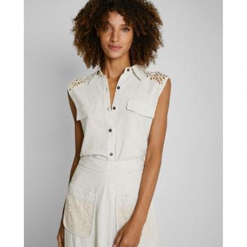 TRUCCO - Blusa de lino sin mangas con botones y bolsillos frontales, espalda abierta en crochet