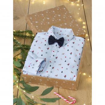 Coffret cadeau chemise festive et noeud pap' garçon bleu chambray