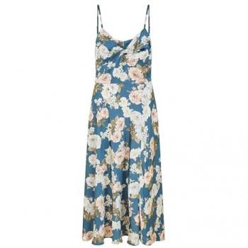 Blue Floral Satin Twist Front Midi Dress