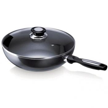 Wok Pro Induc 28 cm en aluminium antiadhésif avec couvercle en verre