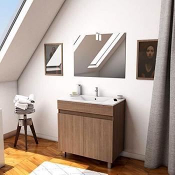 Ensemble meuble de salle de bain en chêne celtique 80 cm sur pied avec vasque céramique blanche et applique mural LED