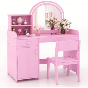 Specchiera Ragazza Legno con Mensole e Luci LED Rosa