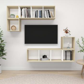 Muebles de salón y pared de TV 4 piezas aglomerado blanco y roble Sonoma