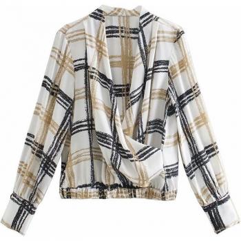 Aonibeier Satin Plaid Puff Sleeve Blouse