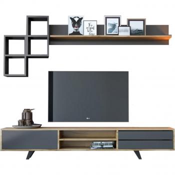 EVUHOME Malmo TV Entertainment Cabinet / Shelving in Oak with Anthracite Finish